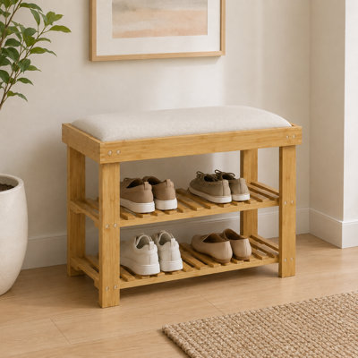 Banc de rangement en bambou pour chaussures avec siège à coussin et support à 3 niveaux pour entrée