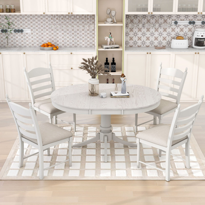 Danyelle 5Pcs Extendable Round Dining Set with Wood Table and 4 Upholstered Chairs, Antique White