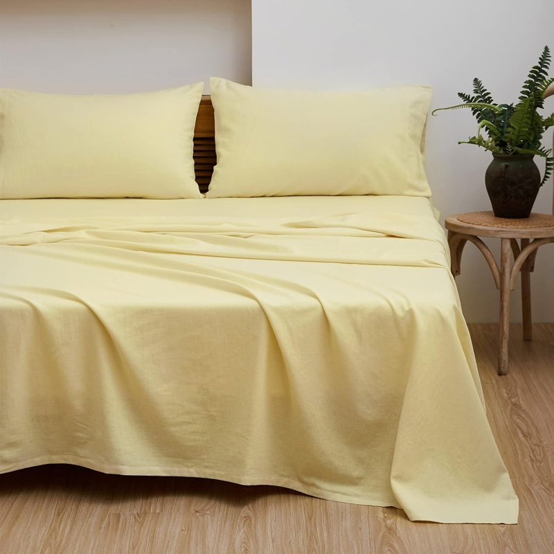 Ensemble de literie en lin belge, Ensemble de draps pour lit double avec 2 taies d'o, Pale Yellow