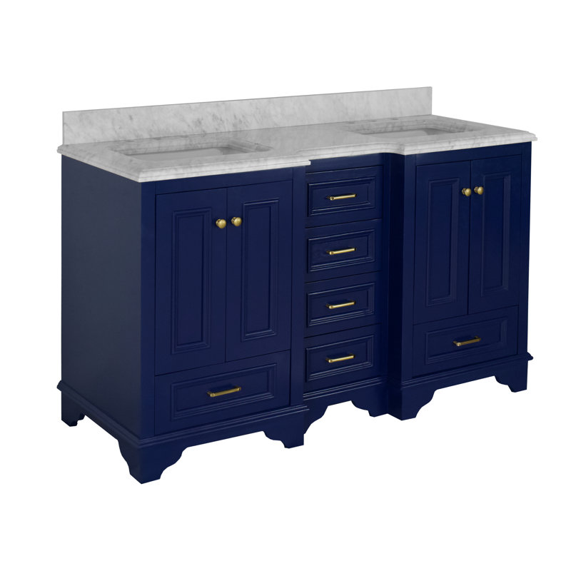 Ensemble de meuble-lavabo double 60 po Loughlam, Marbre de Carrare, Bleu royal