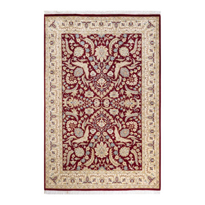 Tapis unique en laine rouge / beige / bleu 4 pi 2 po x 6 pi 4 po Mogul