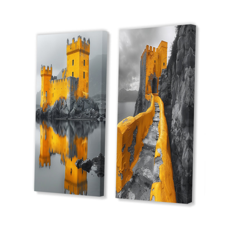 Monochrome Yellow Grey Winter Coastal Castle III - Castles Wall Art 2 Pieces Set, Wrapped Canvas, 28" H x 24" W