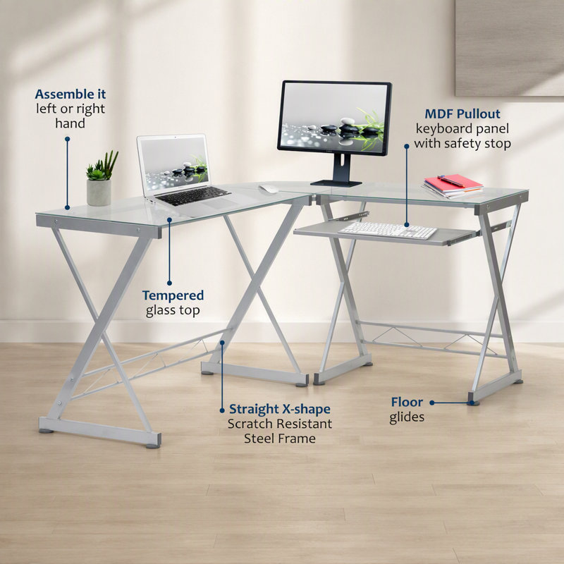 Bureau d'ordinateur en L en verre trempé avec panneau de clavier coulissant, transparent