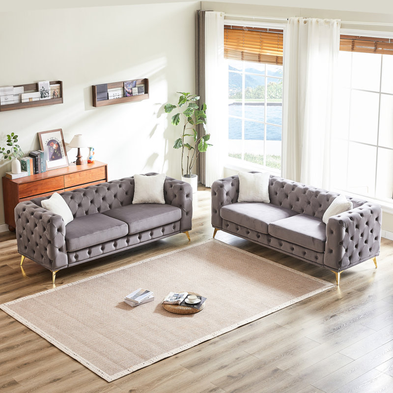 Velours à 6 places pour appartement et bureau, structure en pin massif, pieds en métal, 4 coussins assurant le confort, design moderne avec boutons à main, accoudoirs roulés, bois, mousse rétro sophistiquée