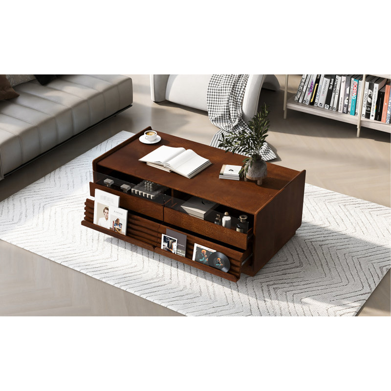 Table basse rectangulaire de style rétro de 47,2 po avec 4 tiroirs, 2 tablettes, des détails rainurés et une configuration polyvalente pour la salle à manger