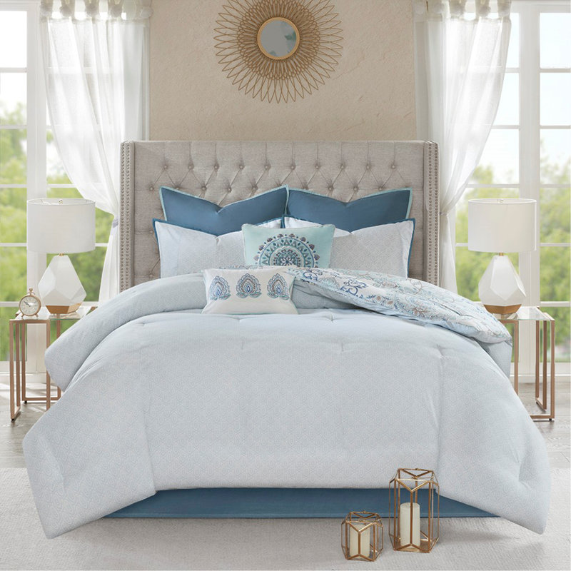 Ensemble d'édredon réversible à imprimé floral en coton 8 pièces grand bleu, Édredon grand + 7 articles supplémentaires