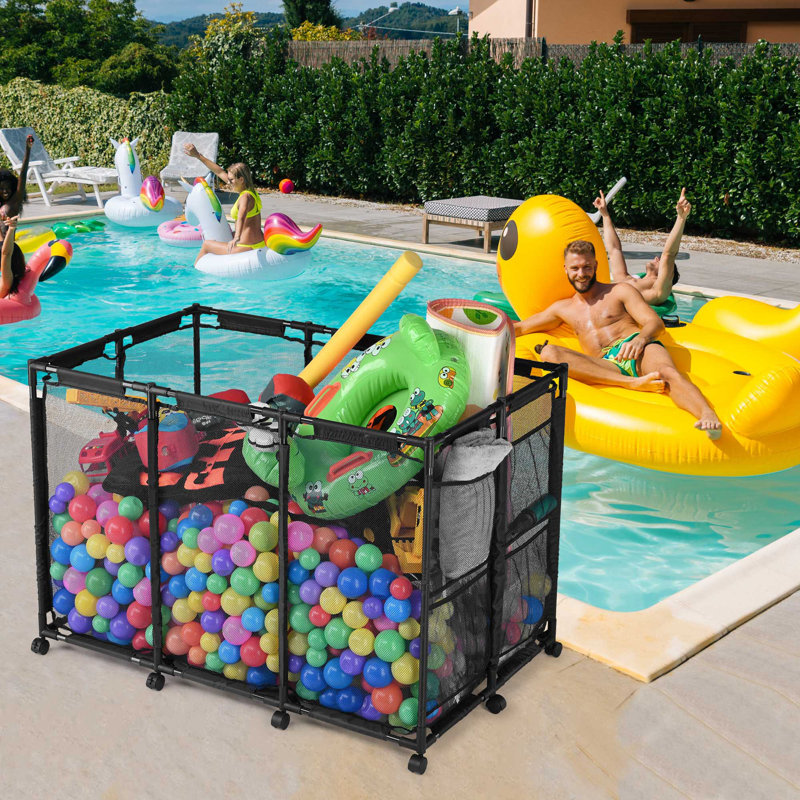 Kierah Metal Frame 10 Wheels Rolling Mesh Pool Float Storage Bin with Side Pockets Blue, Black