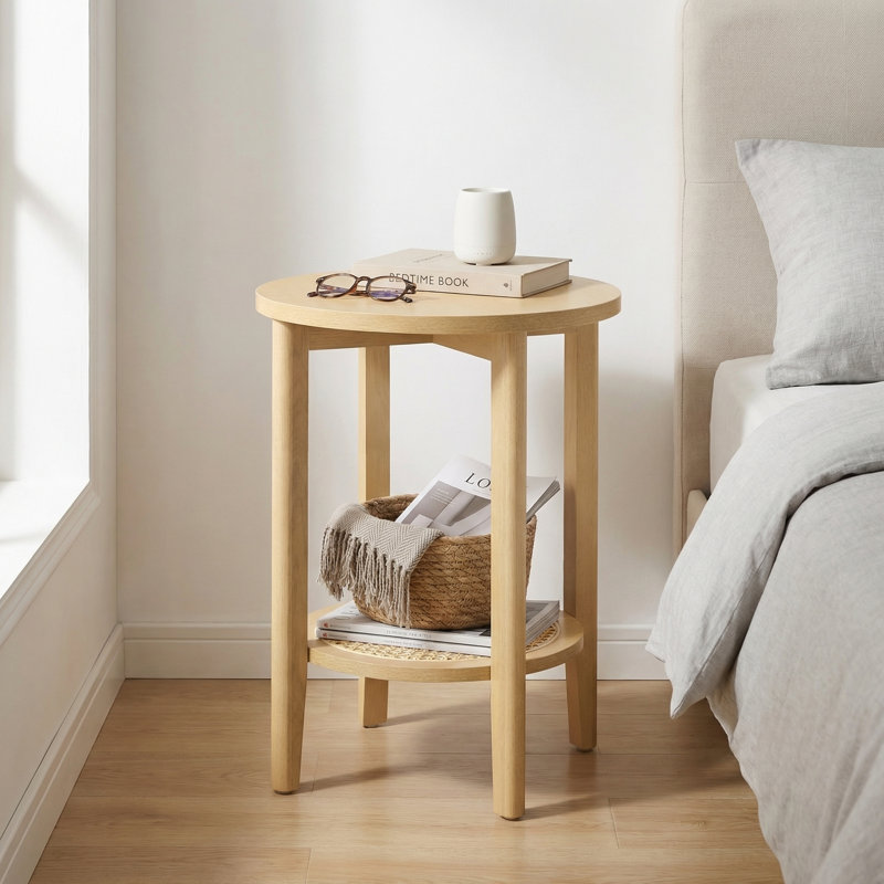 Round End Table, 2-Tier Boho Side Table, Oak Beige