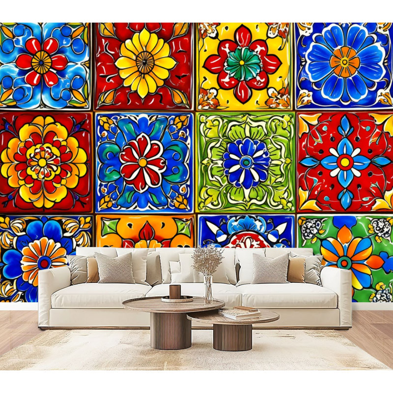 Papier peint auto-adhésif à carreaux de céramique talavera mexicain Ornement folklorique italien H 69 po x l 96 po Papier mural amovible en PVC auto-adhésif pour chambre à coucher, bureau à domicile