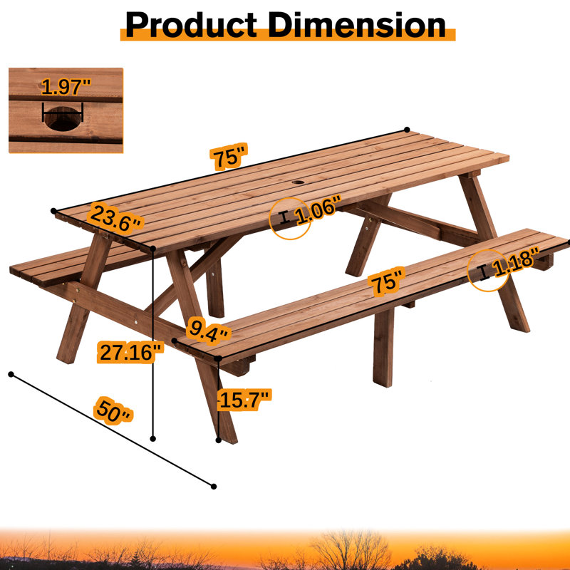 Table de pique-nique pour 8 personnes, en bois brun avec 2 sièges et bancs intégrés, capacité en bois de 2220Lb