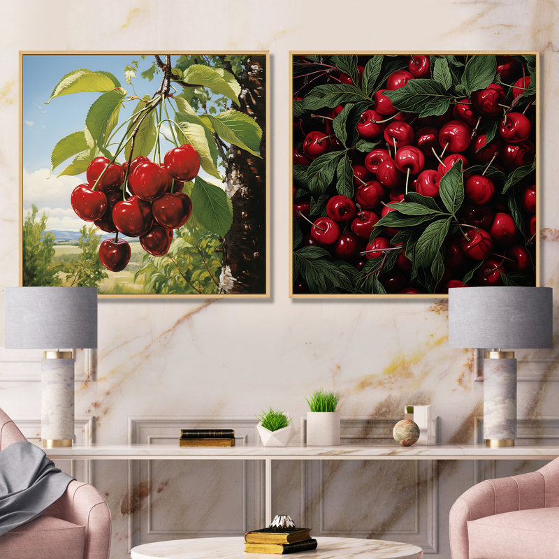 Red Cherry Tree Explosion IV - ensemble de 2 impressions sur toile cerise, Encadrement brun, H 16 po x l 33 po x P 1 po