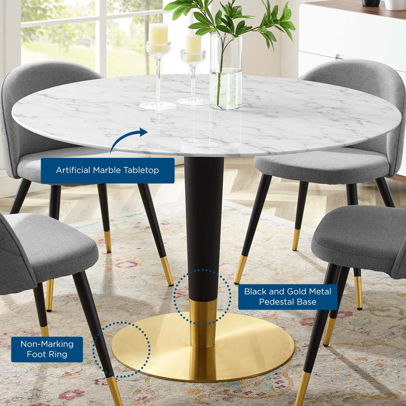 Table de salle à manger Zinque, l 47 po x L 47 po, Marbre blanc