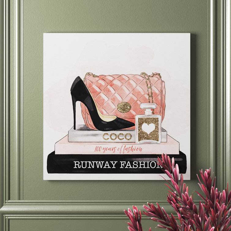 Rosdorf Park Fashion And Glam Accessories And Books Gold Glitter Books  Framed On Canvas Painting