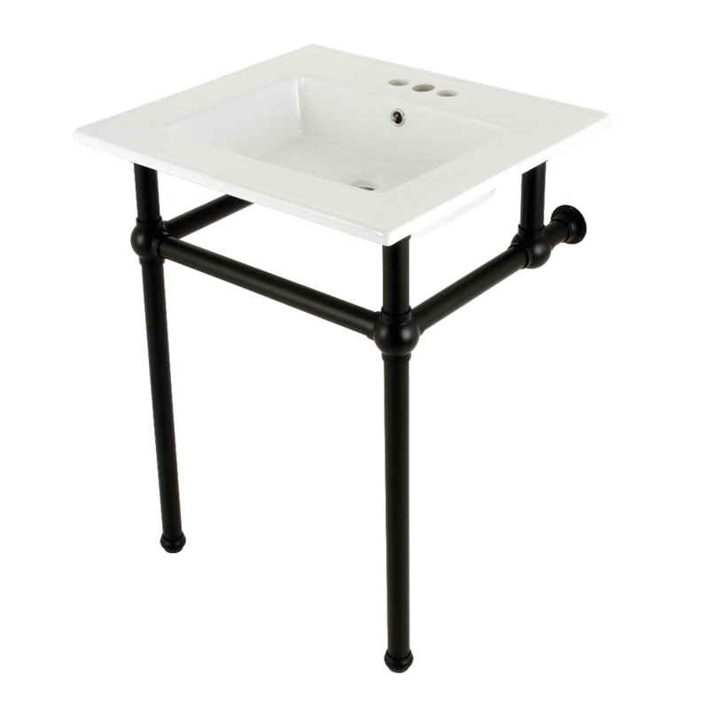 Kingston Brass Templeton 25-Inch Ceramic Console Sink with Brass Legs, White/Matte Black, 8" Centers