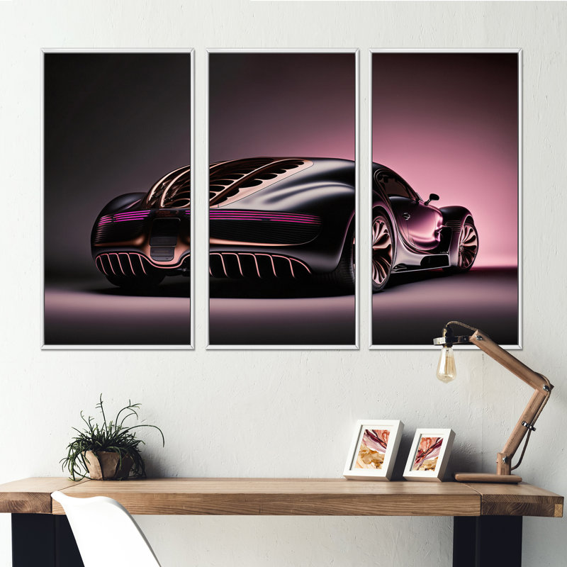 «Visionary Bugatti Design» en noir et magenta IV - 3 pièces sur toile, H 28 po x l 36 po x P 1 po, Cadre blanc