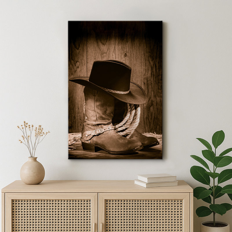 Western Cowboy, "bottes et chapeau bruns rétro, images rustiques du sud-ouest, impression sur toile encadrée,", Toile tendue