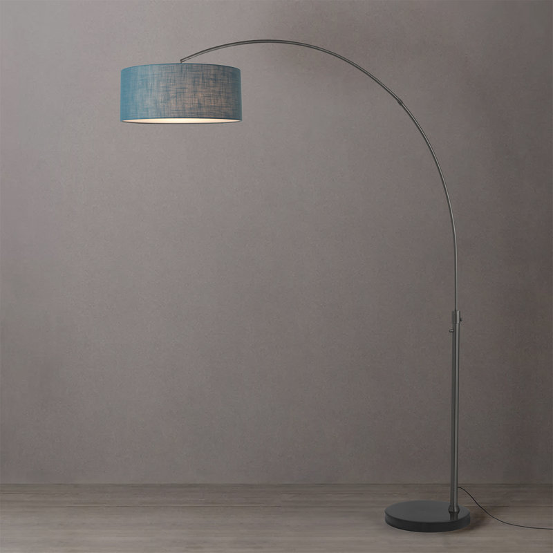 Lampe à arc 92 po Float - nickel noir, base en marbre noir, demi-dôme tambour en lin bleu piscine, à intensité variable, ampoule incluse