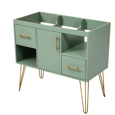 Meuble-lavabo moderne 36 po avec 2 tiroirs et compartiments, structure en bois massif avec pieds en métal 36 po