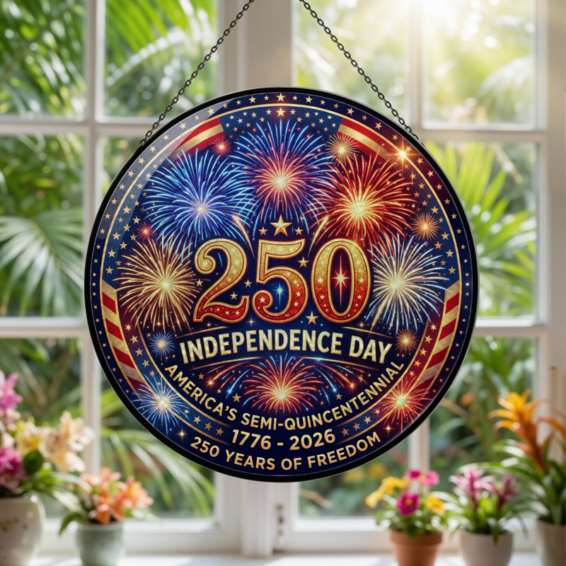 Panneau de fenêtre en verre pour décoration intérieure Fireworks Stars USA 250th Anniversary - H 12 po, H 12 po