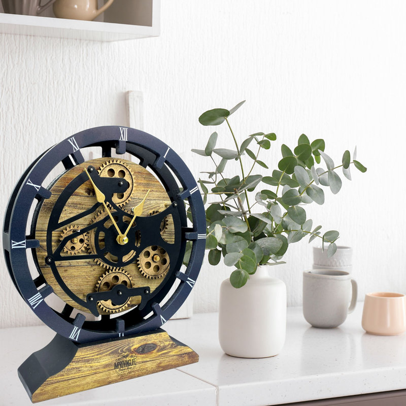 Desk wooden Clock Round 10 inches with Real Moving Gears (Transformable into a Wall Clock - detachable base) Canada Collection