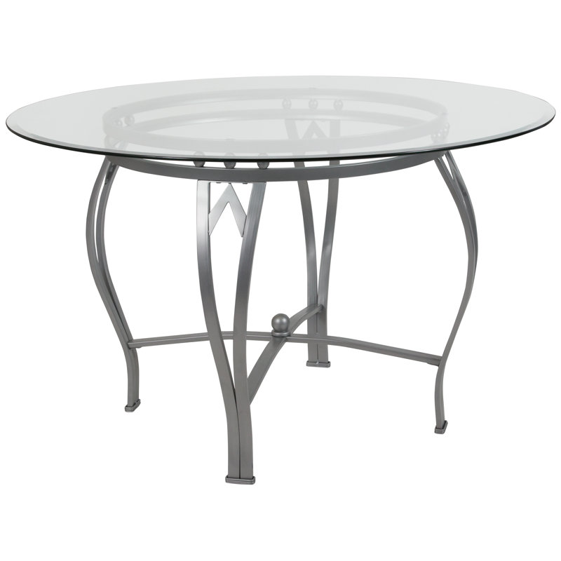 Table de salle à manger ronde en verre avec cadre en métal arqué Syracuse, Argent, H 29,5 po x l 48 po x P 48 po