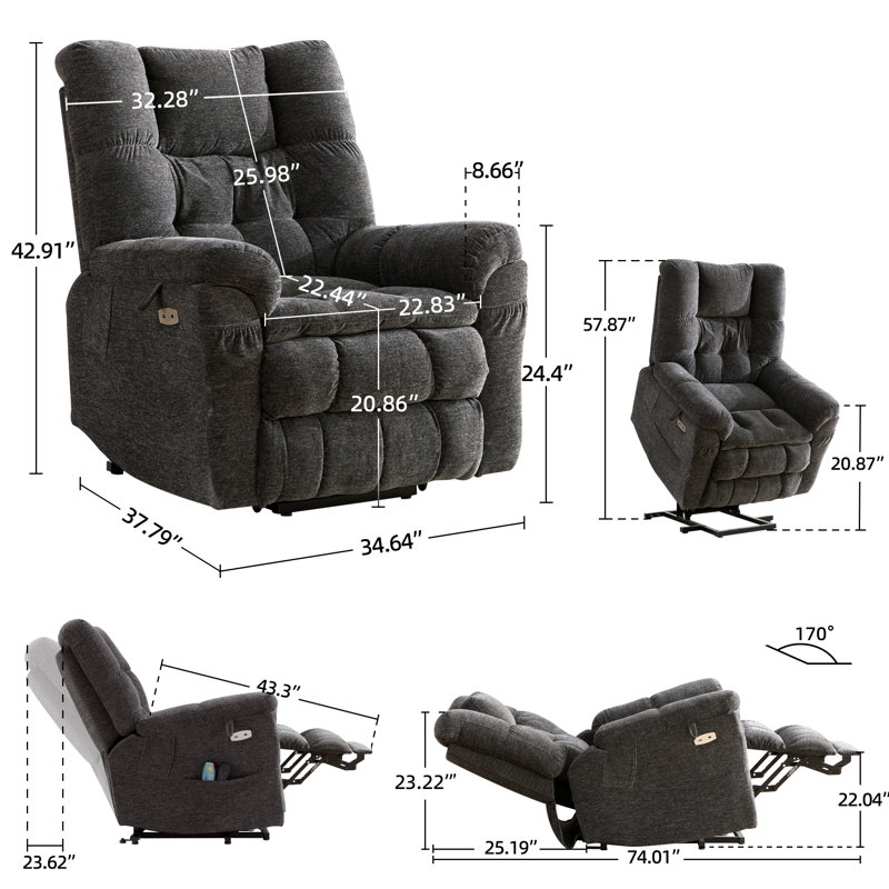 Wajeeh Upholstered Lift Assist Triple Motor Recliner with Massage Heat and Adjustable Headrest, Dark Gray