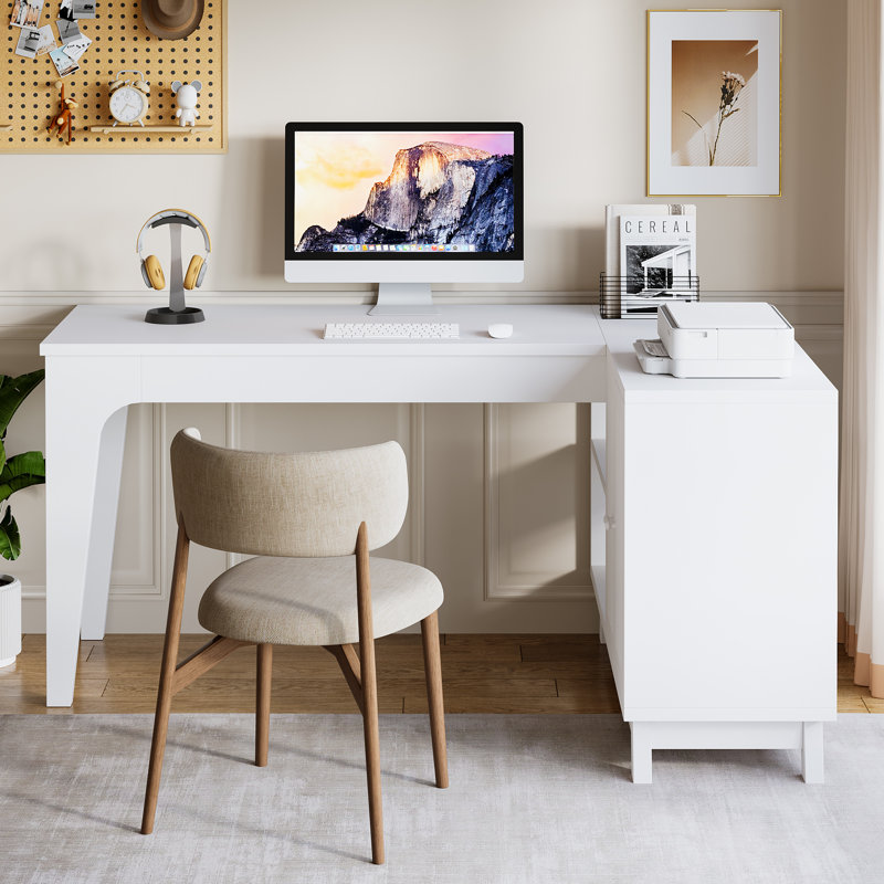 L-Shaped Desk with Storage Cabinet, Corner Computer Desk for Home Office, White