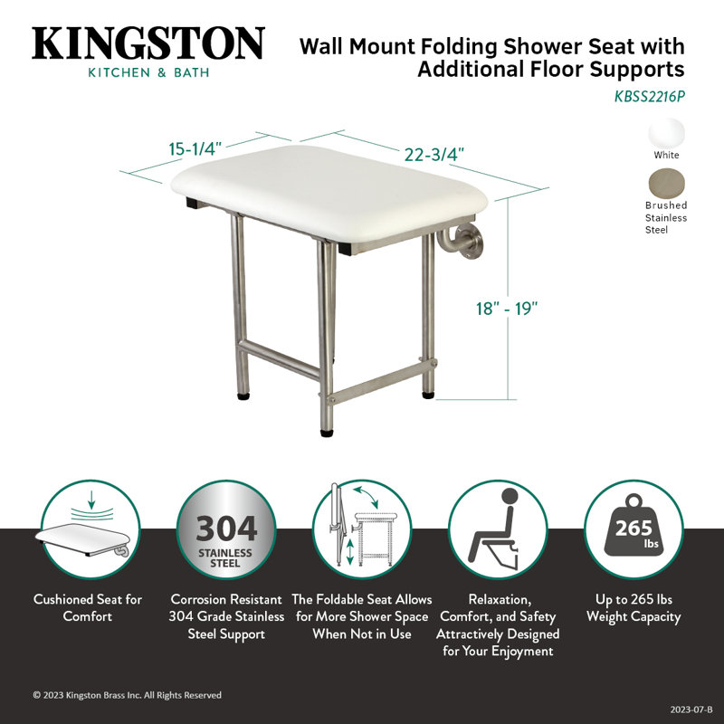 Kingston Brass Sosteno 22-Inch X 16-Inch Wall Mount Fold Down Shower Seat with Legs Support