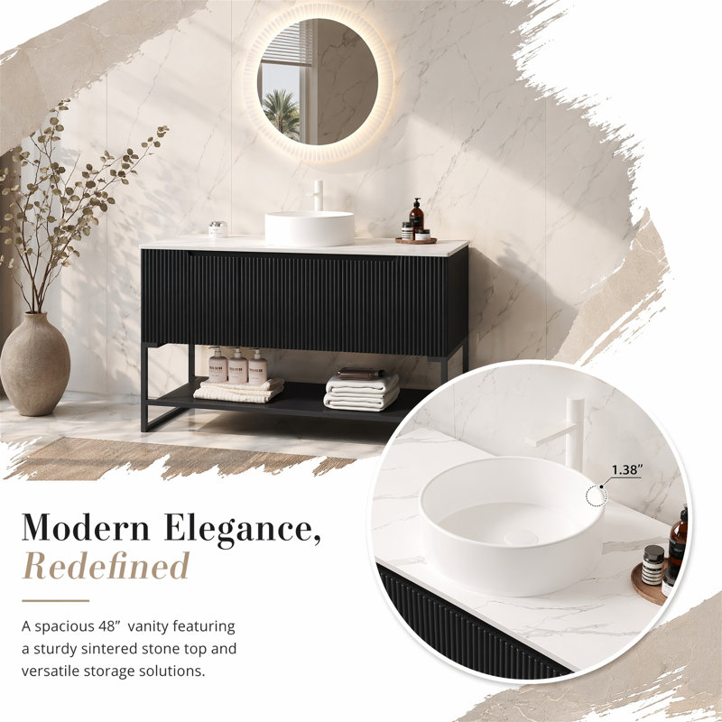 Meuble-lavabo moderne de 48 po avec lavabo vasque en céramique blanche, plateau en pierre frittée, portes à fermeture en douceur