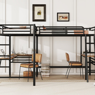 Lit simple en métal avec deux bureaux d'écriture de romans intégrés, noir - Chefs-d'œuvre littéraires dans la fabrication d'un loft - Bureaux de préparation