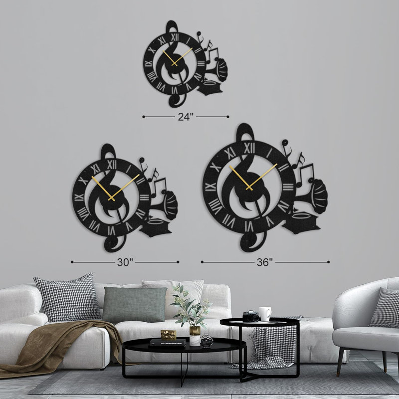 Grande horloge murale silencieuse en métal, L 24 po x H 24 po, Noir