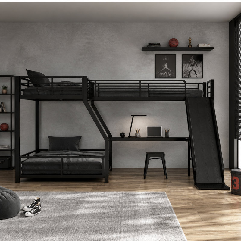 Lit superposé simple au-dessus de L en forme de L avec lit mezzanine simple, lit superposé triple en métal avec glissade et ports USB