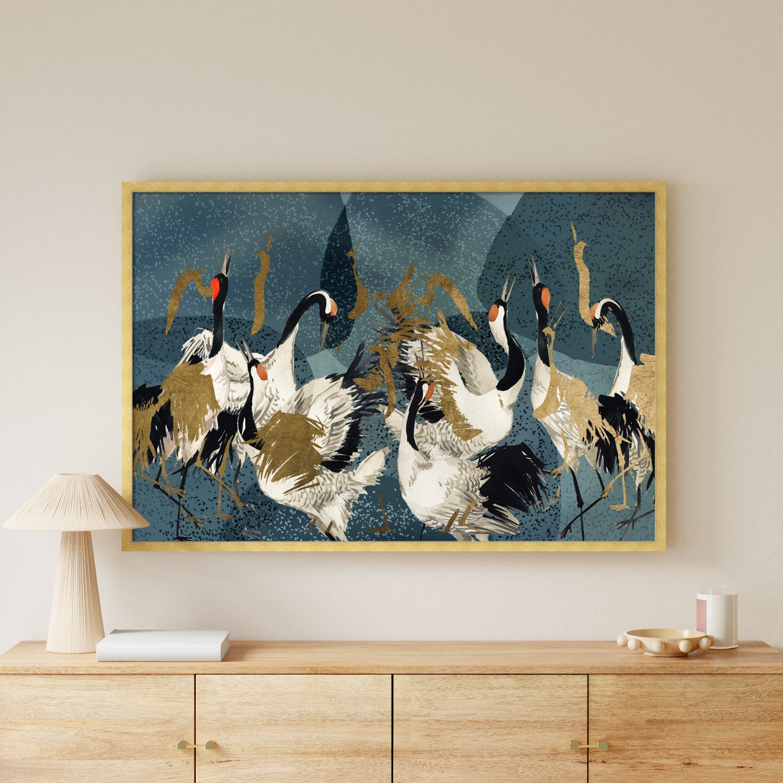 Crane Love Print by Oliver Gal, Gold Framed, 38" H x 56" W