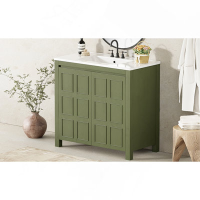 Organisateur de meuble-lavabo 36 po avec lavabo en céramique, ensemble d'armoire de rangement, vert olive