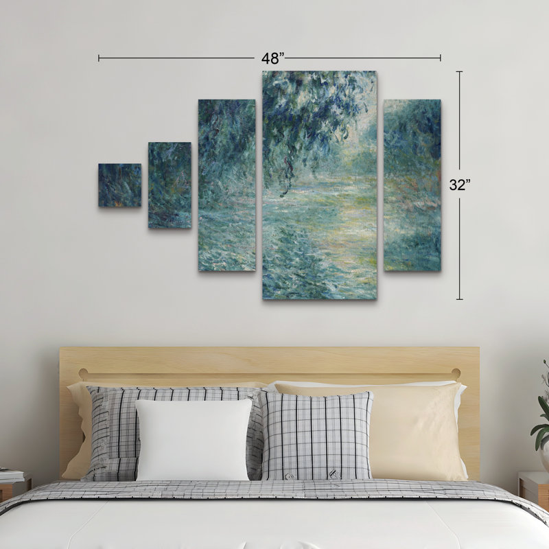 Ensemble de 5 panneaux muraux - Monet «Morning on the seine», art mural sur toile pour le salon, la chambre à coucher ou le bureau