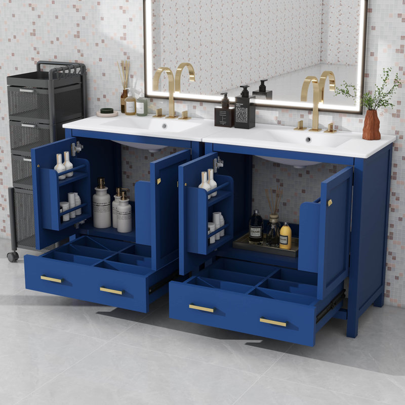 Ensemble de meuble-lavabo élégant avec lavabos en céramique et tiroirs cloisonnés, Bleu, 60", Ensemble central de 4 po