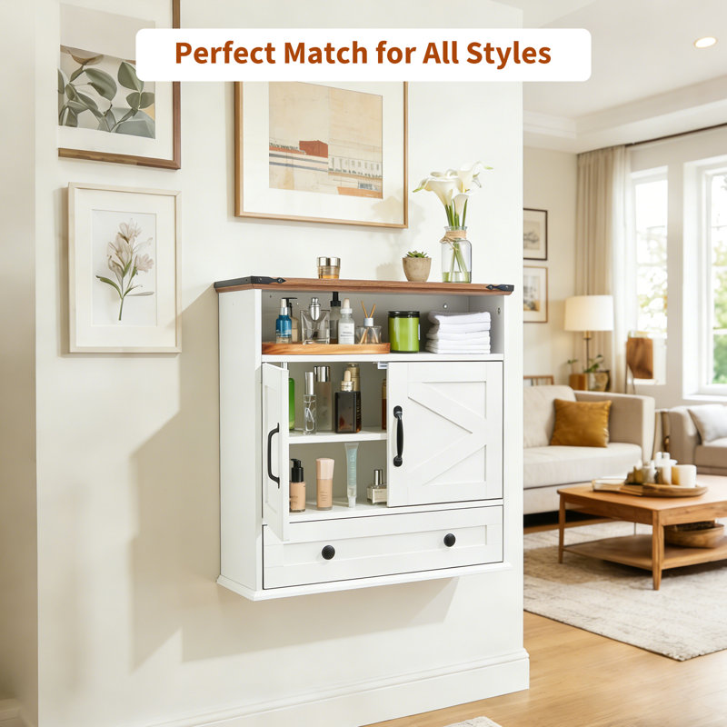 24" Wide Bathroom Wall Cabinet with Double Barn Doors, Farmhouse Medicine Cabinet with Drawer & Adjustable Shelf, Storage Cabinet for Bathroom Kitchen Living Room .