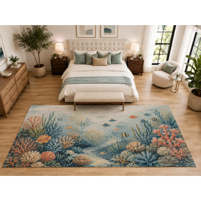 Tapis « ultra-fin » grand format (200 cm x 300 cm) à motif récif corallien pour chambre à coucher, doux et à poils courts, dos antidérapant en silicone, bleu pâle