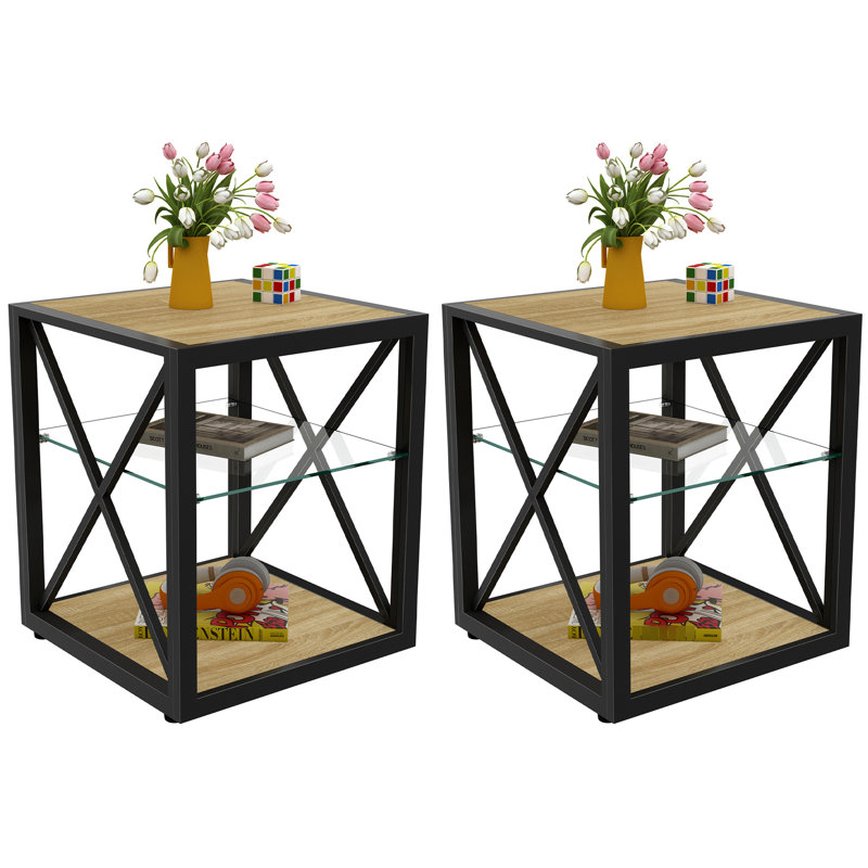 Ensemble de 2 tables de chevet modernes pour chambre et salon, de style industriel, avec dessus en verre trempé et bois naturel. Organiseur à plusieurs niveaux stable et peu encombrant, offrant un rangement compact.