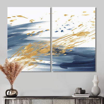 Bleu foncé et or abstrait IV - art mural moderne bleu 2 panneaux