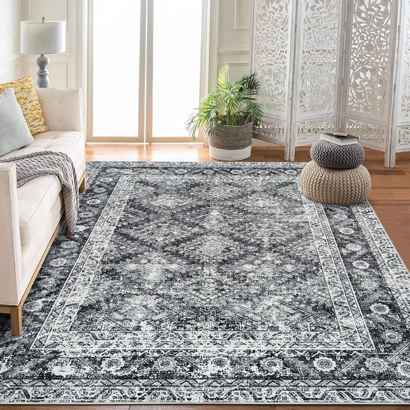 Area RugsWashable Rugs for Living RoomVintage Boho for OfficeDining RoomKids Room and FarmhouseDurable Low Pile Non-Slip Area Rug Gray