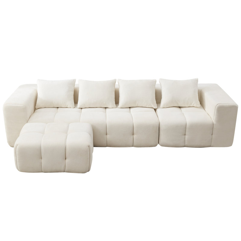 Modular Chenille Cloud Boneless Sofa, 3-Piece L-Shape Sectional with Ottoman, No Assembly, White Chenille