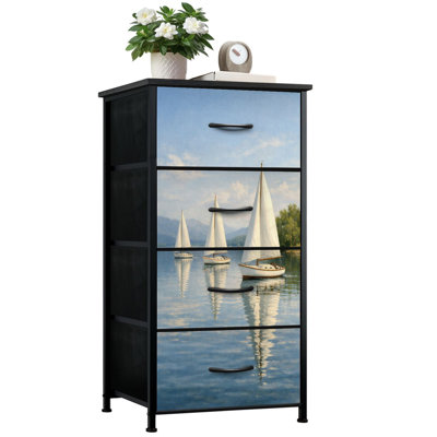 Commode pour la chambre à coucher avec 4 tiroirs de rangement Scène de voile tranquille White Sails Calm Water Tree