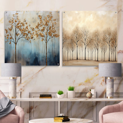 Minimalisme, arbres dorés et bleus scène VI - ensemble d'arbres muraux en acrylique sur verre