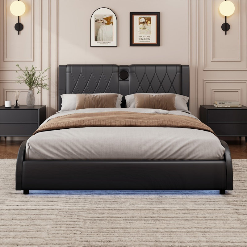 Grand lit plateforme en métal avec tête de lit épaisse, aucun sommier nécessaire, haut-parleurs Bluetooth et lumière DEL RVB, noir