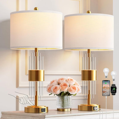 Lampe de chevet dorée pour salon avec ports USB, ensemble de 2 avec commande tactile, table de chevet moderne, abat-jour tambour blanc, chambre à coucher, bureau à domicile, décoration lumineuse (ampoule DEL 2700K incluse)