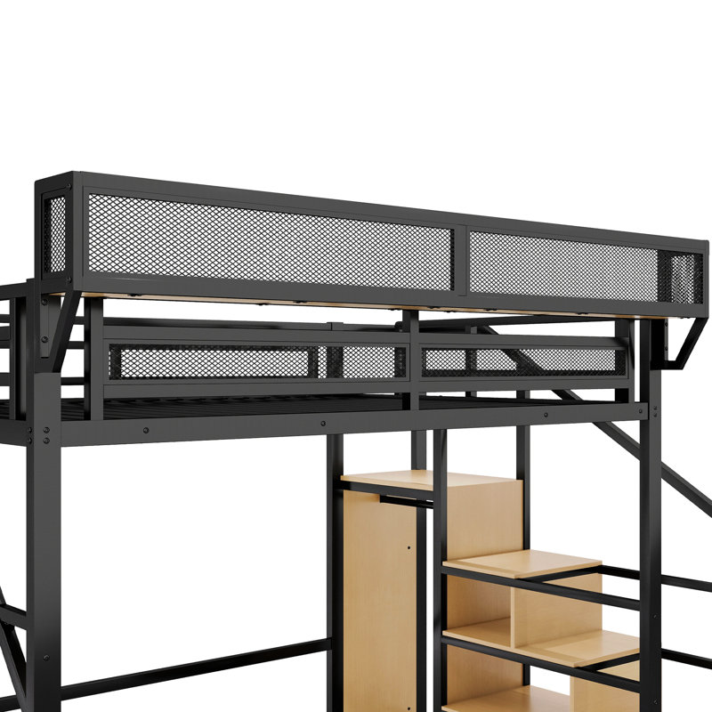 Grand lit mezzanine avec escalier, conception en métal et rangement pour couvertures intégré, noir, lit, tablette supérieure en filet, petits articles
