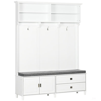 Hall Tree With Storage Bench And Coat Rack, Multifunctional Entryway Organizer With Shelves, Cabinet, And Drawers, White