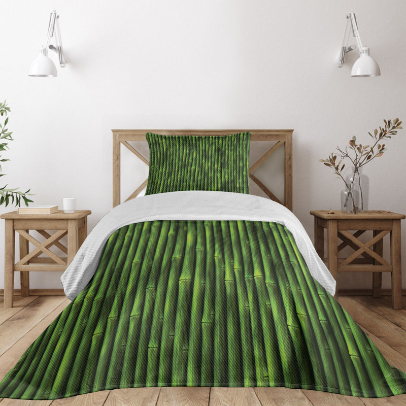 Green Bamboo Print Twin Quilted Bedspread Set