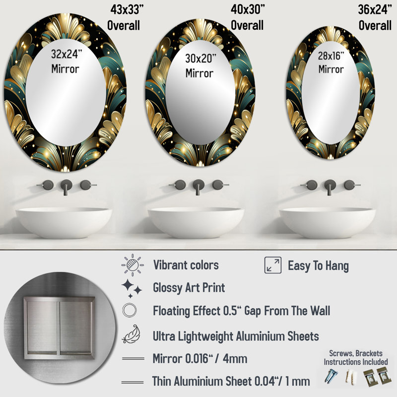 Rich Gold And Emerald Art Deco Glam Pattern - Modern Oval Wall Mirror, 40" H x 30" W